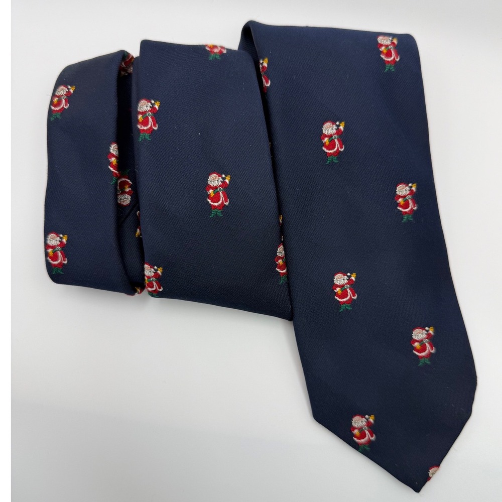 Robert Talbott Necktie OS Navy Blue Santa Claus Christmas Holiday Silk Blend Tie